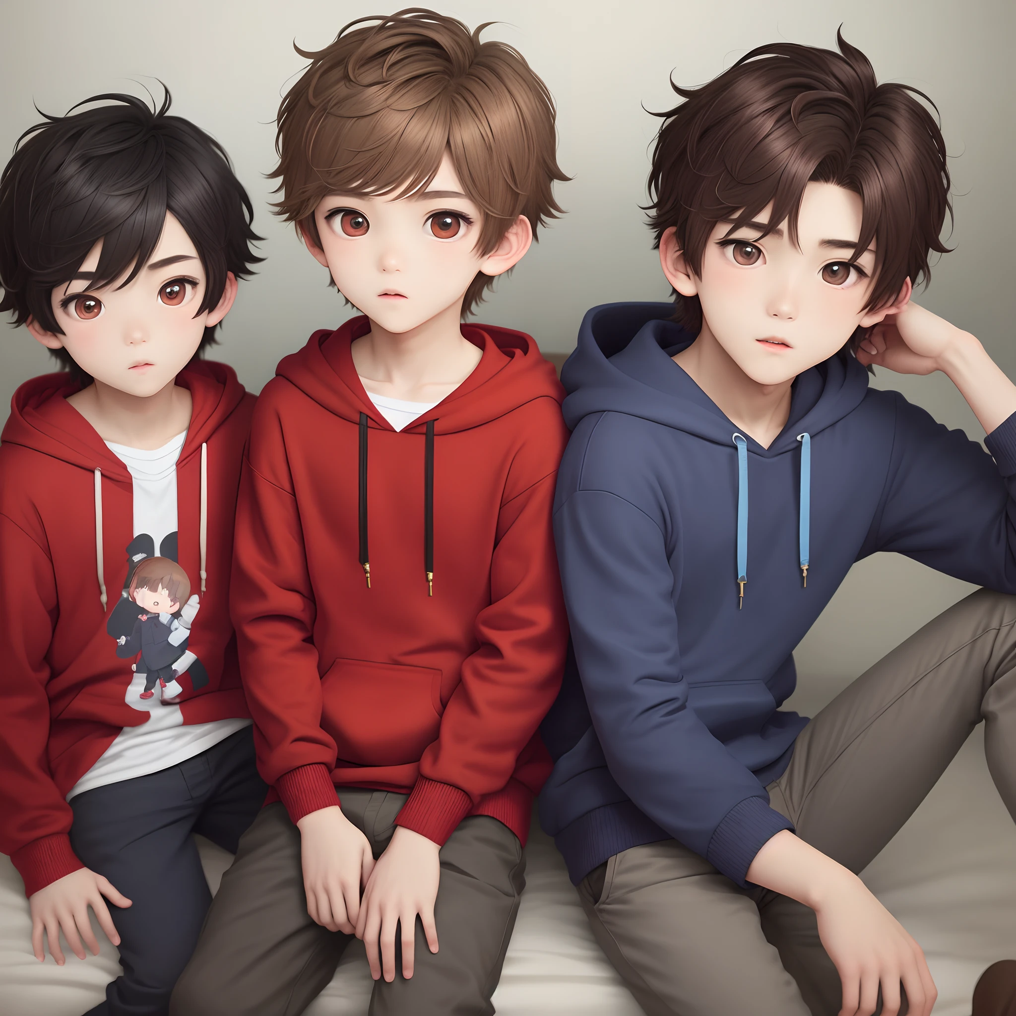 A shota-type boy with brown hair, about 10 cm, wearing a red hoodie, gray pants, and big eyes, with blue on the right and red on the left.