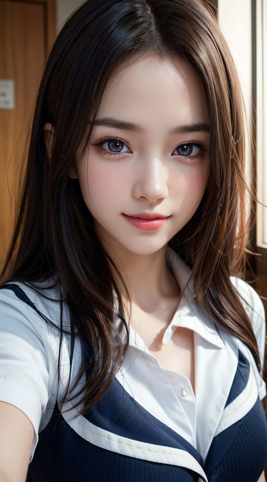 1girl, Extremely cute, Amazing face and eyes, (Beautiful lovely smile), (extremely detailed beautiful face), bright and shiny lips,  keep staring at me, super beautiful, (school uniform:1.3), (Best Quality:1.4), (hyper quality), (Ultra-detailed), (hyper-realistic, Photorealsitic:1.37), Authentic skin texture, cextremely detailed CG unified 8k wallpaper, RAW Photos, professional photograpy, Cinematic lighting,