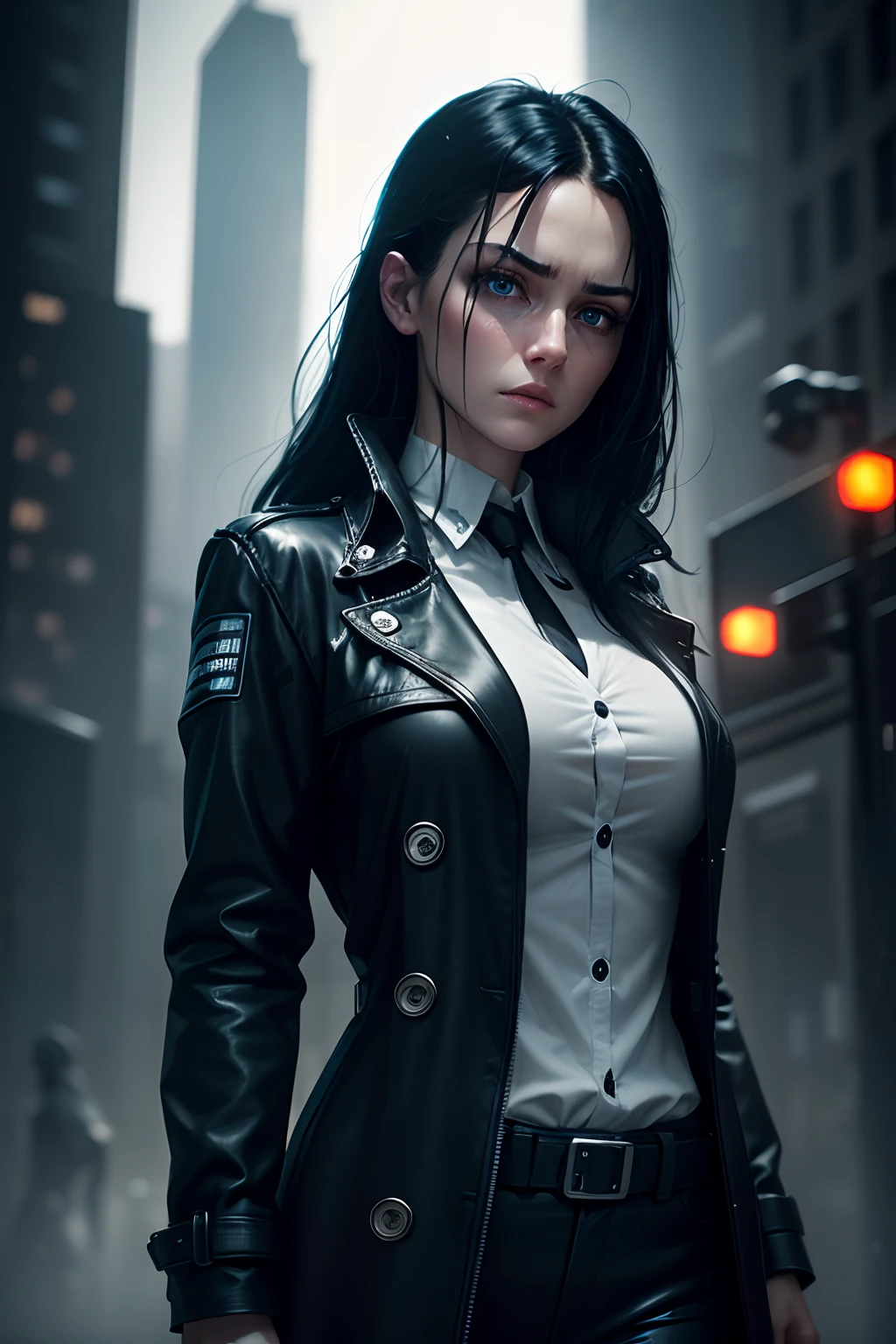 Closeup photograph, Depressed, beautiful, Caucasian, android, woman grey skin, glowing blue LED eyes and long loose black hair ,Wearing a black trenchcoat with a white button up blouse, photorealistic, cinematic lighting, perfect body, muscular, cyberpunk heavy rain city background, film noir, Detective, somber tone, sadness, Waiting,