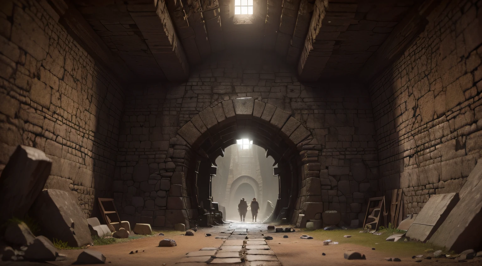 inside a dark tunnel of a dwarven mine,(ancient,old,crumbling,abandoned) dwarven mine,narrow,underground,fantasy,decaying,vivid colors,stone textures,dust,(best quality,4k,8k,highres,masterpiece:1.2),ultra-detailed,(realistic,photorealistic,photo-realistic:1.37),physically-based rendering