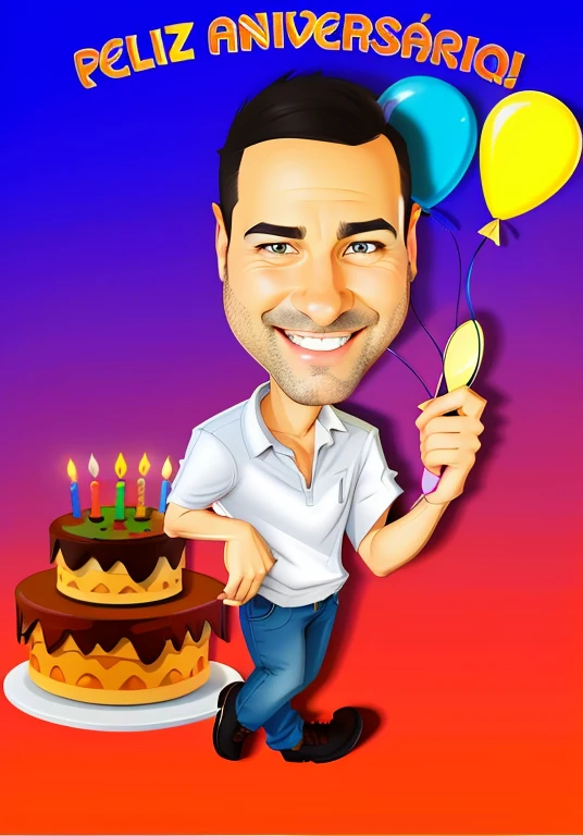 Cartoon man holding a balloon and a cake with candles, caricature illustration, Estilo de caricatura, in cartoon style, happy birthday, arte digital dos desenhos animados, desenho animado de arte digital, arte dos desenhos animados, caricatura!!!, caricatura, Birthday, pintura digital dos desenhos animados, holding a birthday cake, retrato dos desenhos animados, charicatura, caricatural, stylized digital illustration, Alarcon Cartunista, (Pixar 1.23 estilo), ..3d, Artgerm 4K, Artgerm extremamente detalhado, caricature illustration, in illustration style digital