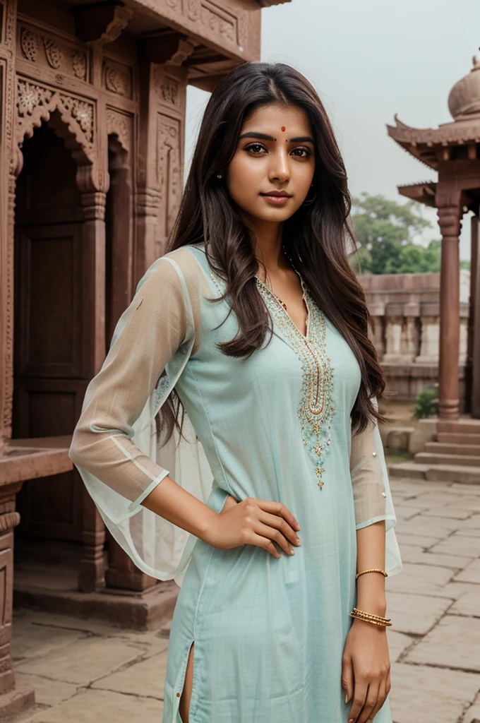 Beautiful ,23 years young girl,confident looking,8k,realistic,dark brown hair,fair skin, indian,long hair,clear facial features, wearing dupatta and kurti, background of temple of lord Krishna and poses for photographers