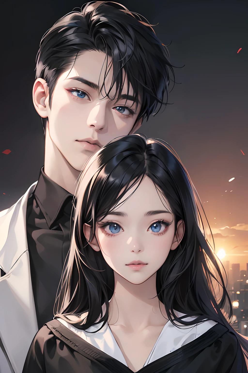 (masutepiece, Digital Art, Digital Illustration, 4K, 8K, Ultra-detailed, beautiful image, Sharp Image, Photorealistic, Raw photo, Perfect face, Perfect lines, Perfect eyes, Soft lighting) , a couple, 1 girl 1 boy, Long black hair and blue eyes, Short black hair and gray eyes, Romance,
