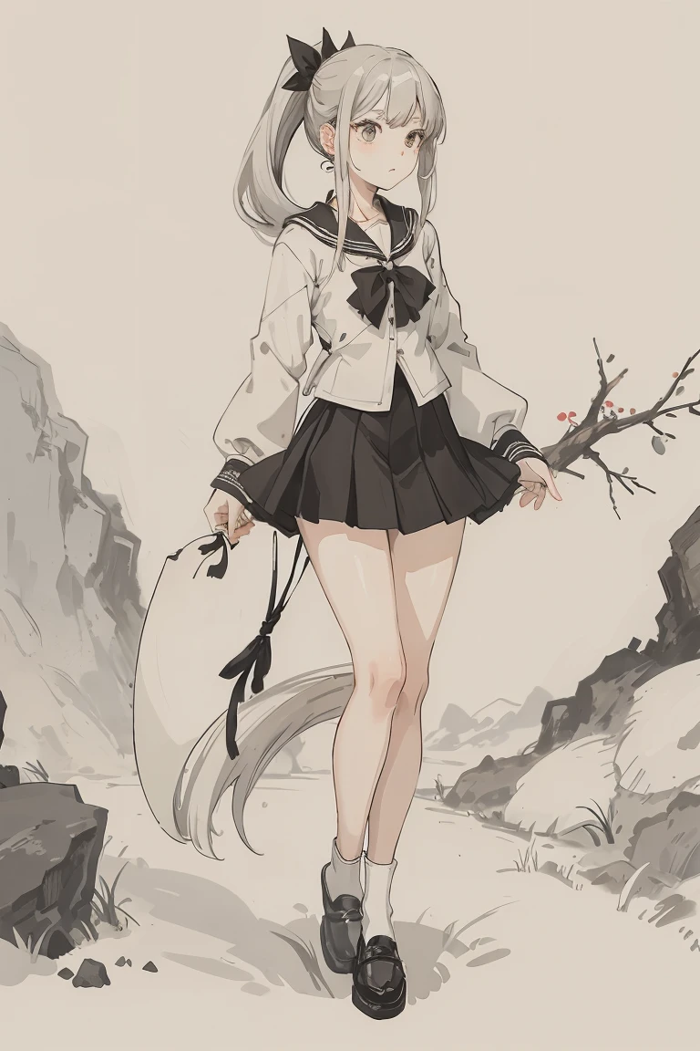 sparrow, a silver haired girl, wearing a school uniform, black skirt, long hair, slim body, ponytail, black ribbon, teen, serious face, a japanese school girl. she is standing in the school