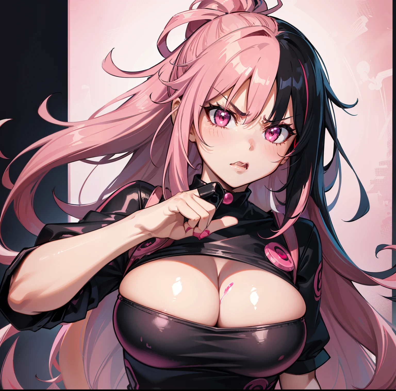 cleavage,, red eyes, red fingerless gloves,glowing aura, natural light, masterpiece, glossy skin, juicy lips ,long hair, cute, kawaii, adorable, reaching up, adult, cuddle, kawaii clothes,random hair style, random clothes, black hair, (((pink streaks in hair))), yellow eyes, crazy, pissed, tounge out, druggy, pale skin, ciggerette, baking a cake, (((angry)))