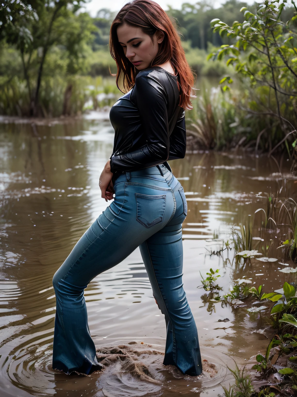 dirty exhausted girl, (Flares on fitted jeans:1.1), drowning, Standing knee-deep in a muddy swamp:1.2, Completely Body, Cracked wrinkles, pixie cut:1.2, rose hair, Dirty tight longsleeve, dramatic, atmospheric, photografic, Soaking wet clothes, (seducing:1.3)