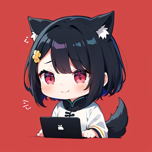 超A high resolution, nffsw, Best aesthetic, Best Quality, masutepiece, Flat Avatar, Perfect litthing、(colourfull、vivd colour: 1.4)、a Dog、I am using a computer, Has iridescent hair, is shy, A smile, hair adornments, Chibi, simple background, 耳环, jewely, side locks, large oval eyes,Flat Avatar, simple background, A dark-haired,