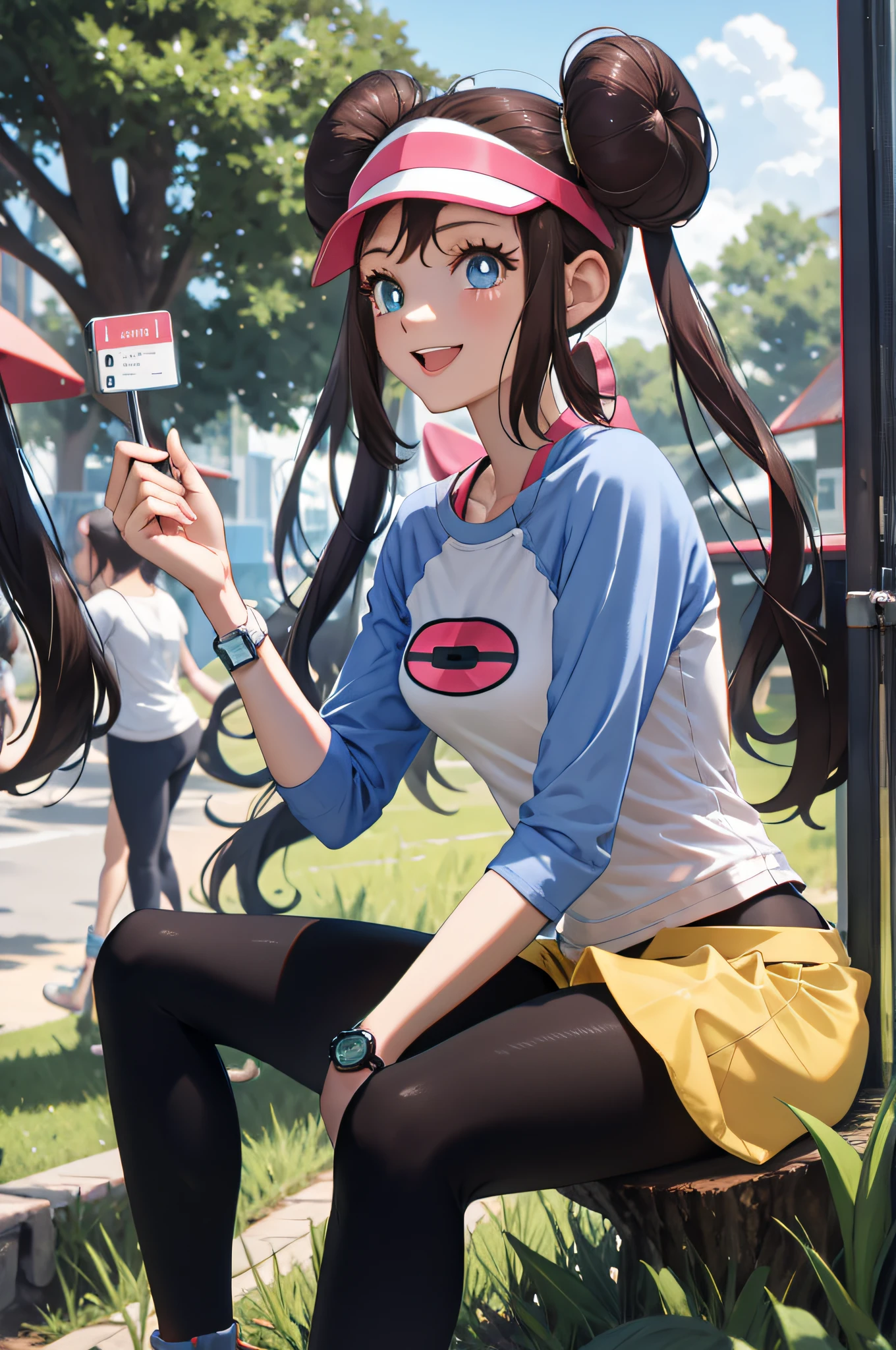 perfect eyes:1.2, detailed eyes:1.4, ro1, hair bun, spread legs, blue eyes, in tree, tree, sitting in tree:1.4, twintails, nice hands, visor cap, pantyhose, raglan sleeves, yellow shorts, shirt, pink bow, wristwatch, blue eyes, nice hands, nature, smile, 1girl, solo, (masterpiece:1.6, best quality), 8k, insane details, intricate details, hyperdetailed, hyper quality, high detail, ultra detailed, professional, HDR, ray tracing reflection, cinematic lighting,