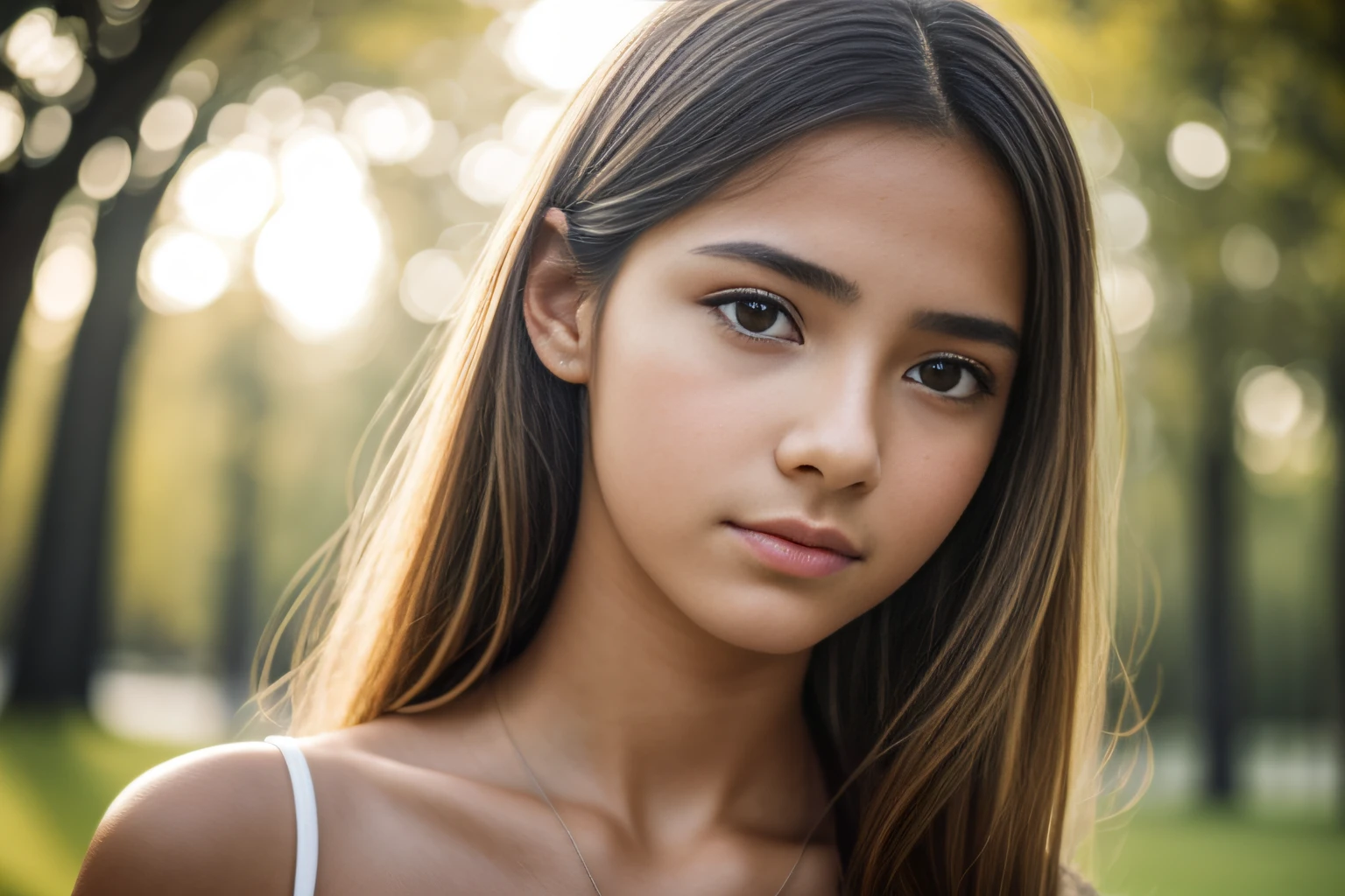 ((1 Spanish girl)), Ethereal beautiful, slim, Petite, Soft light, ((David Hamilton Style)), closeup picture, masutepiece, Best Quality, Photorealsitic, 8K, High resolution, Detailed skin, 8K UHD, Digital SLR, Soft lighting, High quality, Film grain, FUJI XT3, Full body, Naked, In the park, standing, Photo from the waist up、