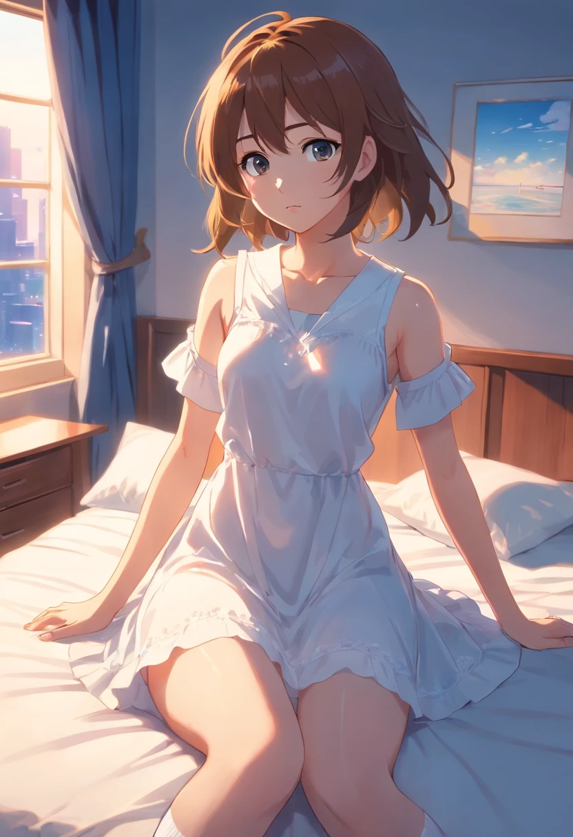 In an anime-style graphic, a young girl of 16 lies in bed wearing white knee-length socks. She appears to be calling out for her older brother while shyly opening her mouth. The image is rendered in Ultra HD and Megapixel quadratic, conveying a sense of liking and pleasure. The girl's face is flushed, and her eyes sparkle in the reflected light, clear as the retina. She is depicted wearing a white dress that is lifted up by the wind, accidentally exposing her panties. Despite this, she looks lovely and pure in the picture.