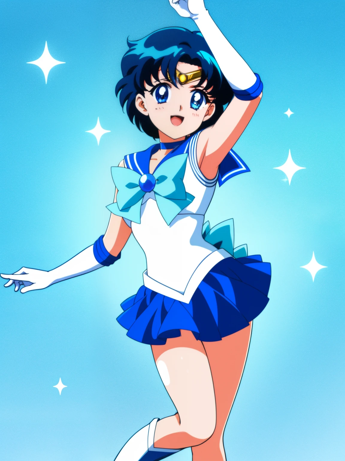 Top Quality Anime Art、​masterpiece、high definition anime art、アニメstyles4K、Anime Boy、Junior high school boys、gender change、gender change(Girls to boys)、Sailor Mercury、solo、Sailor Senshi Uniform、Ami Mizuno、Masculinization、Blue choker、rating:safe、Blue-eyed boy、Blue sailor collar、Sky blue bow tie、Very short blue-haired boy、skirt、a blue skirt、blue_theme、white_theme、bow、smile、Magical Boy、white glove、elbowgloves、jewelry、White leotard、highleg leotard、robe blanche、open_mouth、back_bow、Splashes around him、official_style、耳环、Arms outstretched、looking_at_viewer、blush、cowboy_shot、aqua_theme、circlet、blue_background、white_background、a miniskirt、pleatedskirt、Bare shoulders、bare legs、(1990's\(styles\):0.9)、