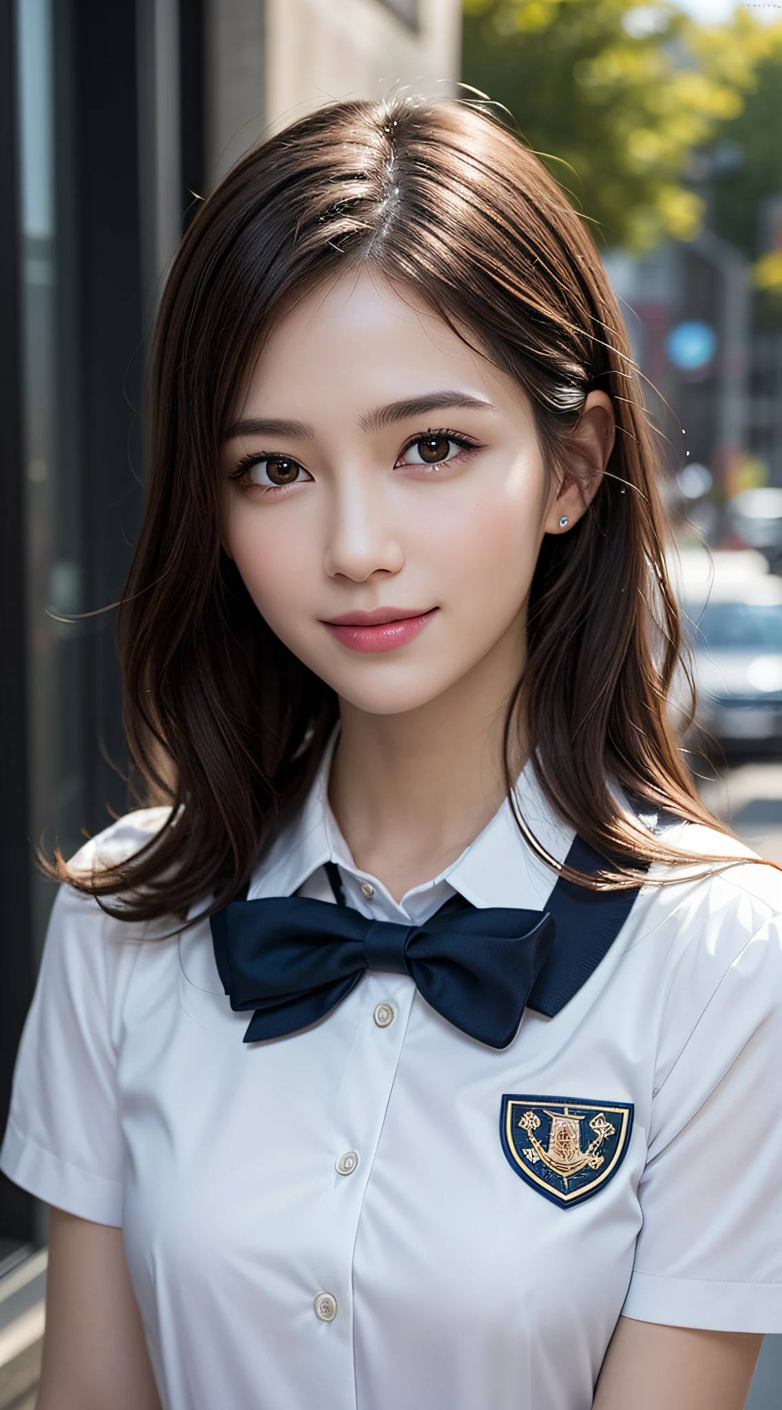 1girl, Extremely cute, Amazing face and eyes, (Beautiful lovely smile), (extremely detailed beautiful face), bright and shiny lips, keep staring at me, super beautiful, (school uniform:1.3), (Best Quality:1.4), (hyper quality), (Ultra-detailed), (hyper-realistic, Photorealsitic:1.37), Authentic skin texture, cextremely detailed CG unified 8k wallpaper, RAW Photos, professional photograpy, Cinematic lighting,