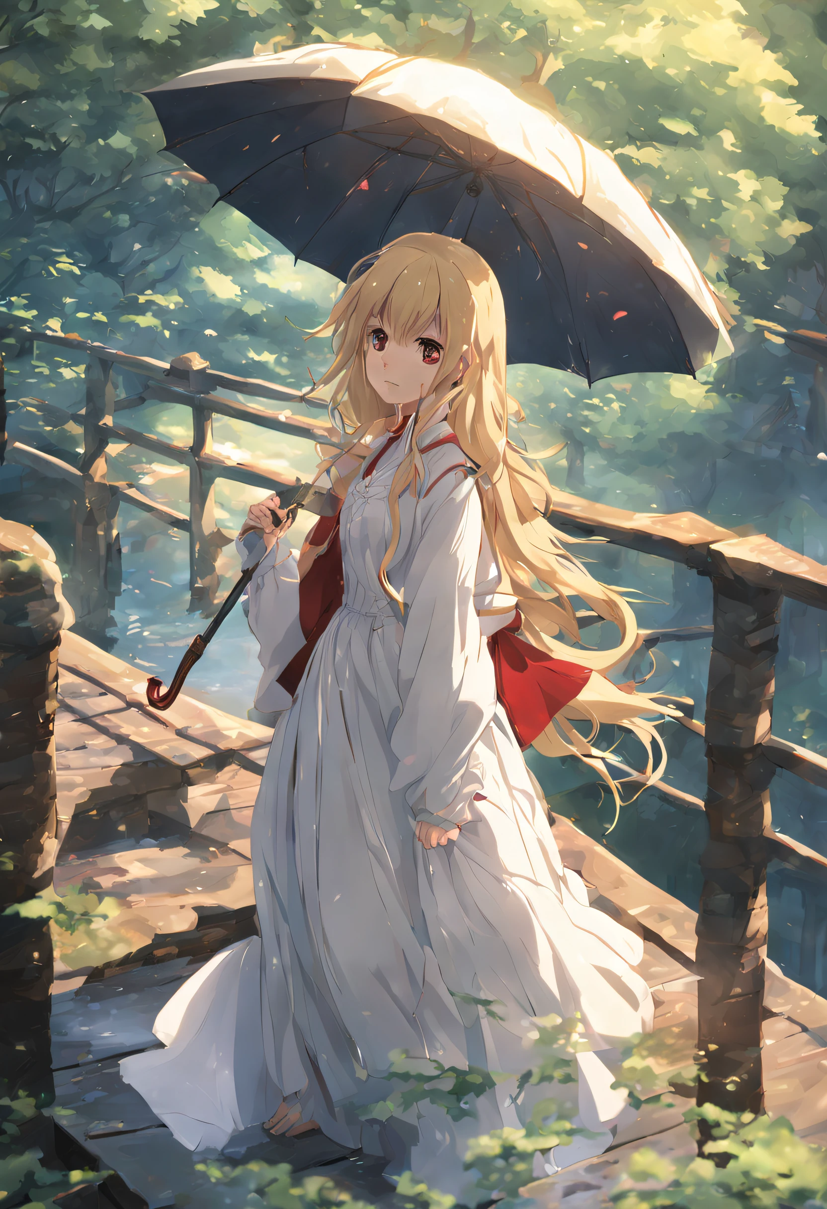 A girl carrying an umbrella stands on a bridge, wearing a Victorian-style white dress with long blonde hair and red eyes in an anime-style. The background is medieval, set in a forest., makoto shinkai, girl, 16 years old, anime background, fantasy art, (nsfw:1.2), dynamic_pose, light_particles, 1girl, Red eyes, eye reflection, 1girl, medieval city background, victorian_Dress, anime, Gothic art, high detail, Ghibli-like colours, anime, anime, HD, 4K, UHD, masterpiece, ccurate, high quality, anatomically correct