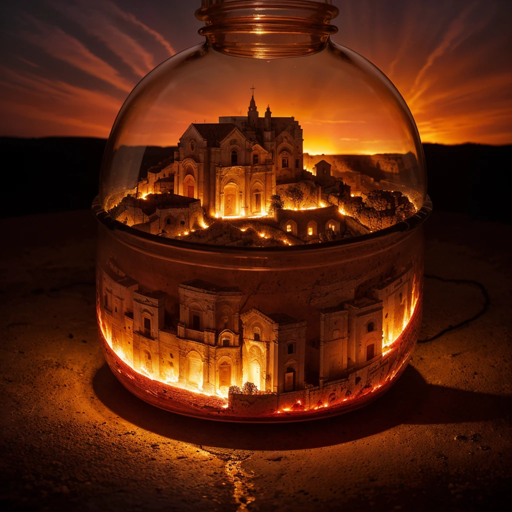 (An intricate burning minitown Matera landscape trapped in a bottle), atmospheric oliva lighting, on the desk, 4k UHD, dark vibes, hyper detailed, vibrant colours red sky background, epic composition, octane render, sharp focus, high resolution isometric, closeup view.