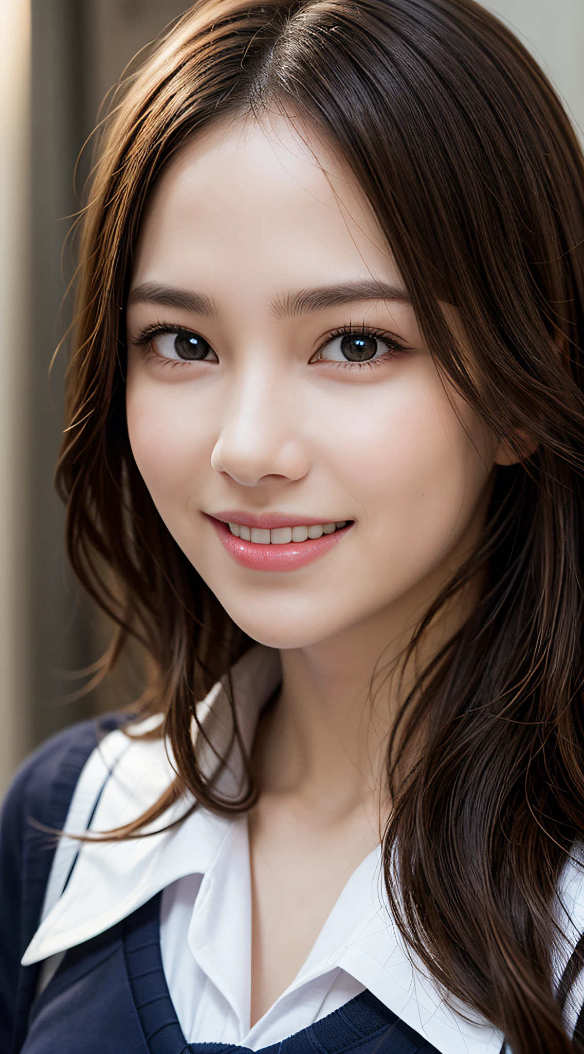 1girl, Extremely cute, Amazing face and eyes, (Beautiful lovely smile), (extremely detailed beautiful face), bright and shiny lips, keep staring at me, super beautiful, (school uniform:1.3), (Best Quality:1.4), (hyper quality), (Ultra-detailed), (hyper-realistic, Photorealsitic:1.37), Authentic skin texture, cextremely detailed CG unified 8k wallpaper, RAW Photos, professional photograpy, Cinematic lighting,