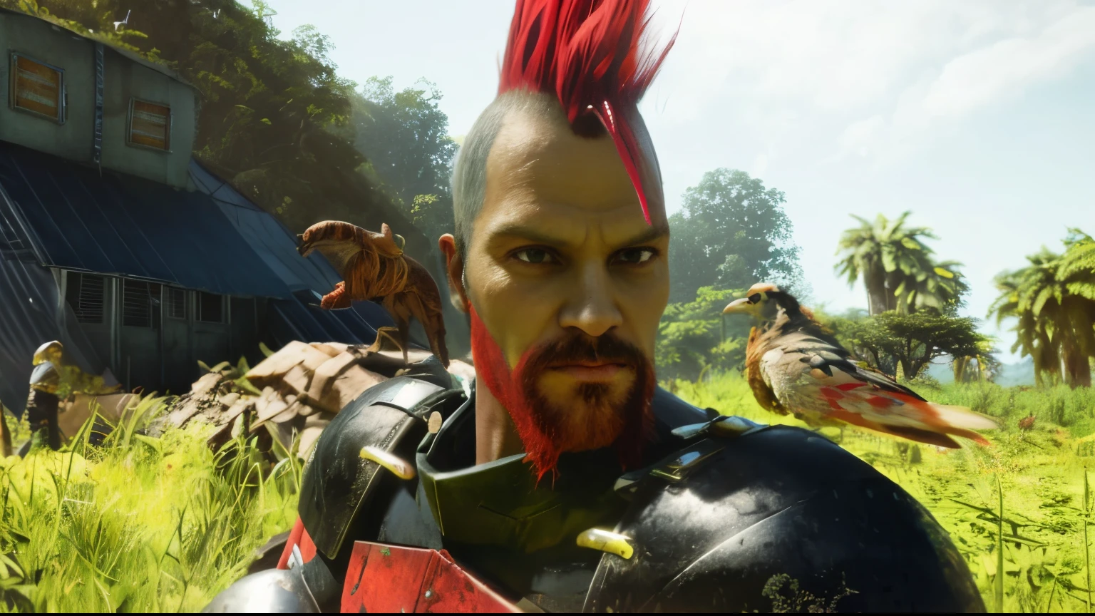 a man with red mohawk, punk red hair, wearing red and black metal armor, background prehistoric jungle, looking into the camera, 8k highly detailed face, fantasy style 8 k octane render, gameplay footage, in-game cinematic