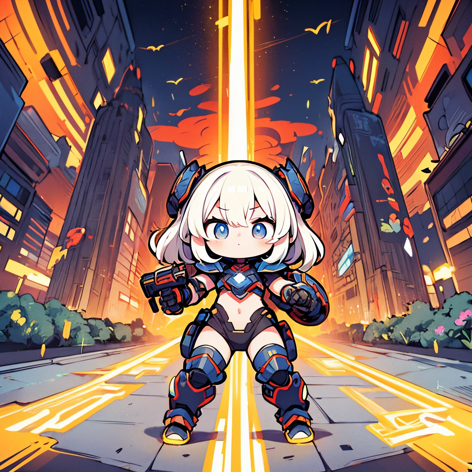 (​masterpiece、Detailed picture、Top image quality、Perfect drawing、perfect hand)、An android girl who fights against enemies to protect the city.、chibi,Cute、crystal body、super alloy armor、eyes glowing red、jet spray from feet、Psycho gun in left hand、Lightsaber in your right hand、dynamic ungle