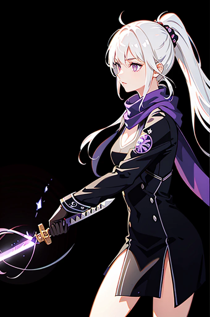 upper body, 1girl, white hair, ponytail, purple eyes, (ninja), short sword, medium breats ,scarf, wallpaper, magic circle background, light particles, blue fire,