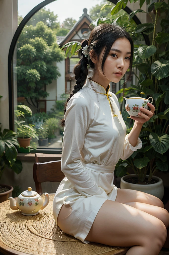 1girl, Chinese woman, long, black hair in pigtail, body hugging ultra-skin tight traditional Chinese dress, sitting at a tea table, holding a small yellow teapot above three small white porcelain cups, a decorative flower sits on the table, a round moon-gate window looks out on a garden scene, the window is behind and to the left of the woman, the scene is tranquil and meditative, the woman is excited