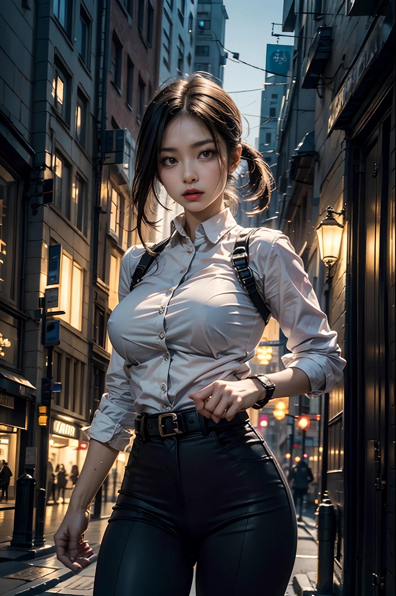 Big city at night、Female Detective、chasing the criminal、((Desperate face))、Running、Sweat flows、suits、tie handcuffs、Batons