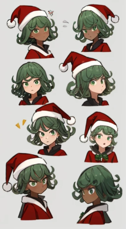 (master piece: 1.1), (tatsumaki), 1girl, 1cute girl, 9 tables, 9 poses and expressions, ((multiple poses and expressions)), detailed face, detailed green eyes, ((dark skin)), green hair, short hair, dress, shy, anime character, (christmas costume), christmas clothes, (wearing red hat on his head), (simple gray background)