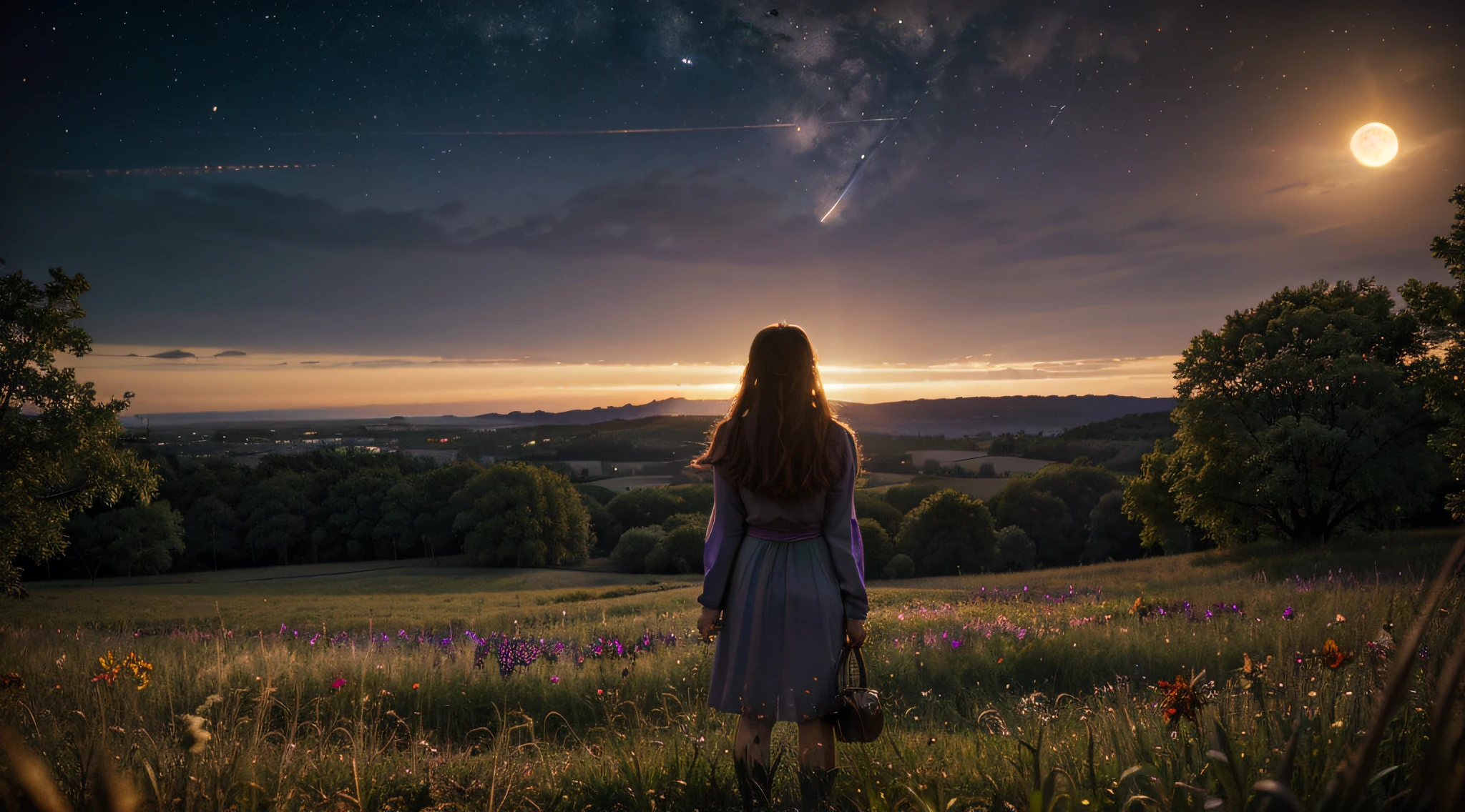 ((Best Quality)), ((Masterpiece)), expansive landscape photograph, (From below, Sky above and open fields below), a girl standing on a flower field looking up, (full moon: 1.2), (meteor: 0.9), (nebulous: 1.3), Far Mountain, trees BREAK Making art, (warm light source: 1.2), (Firefly: 1.2), lamps, Lots of purple and orange, delicate detail, Volumetric lighting, Realism BREAK (Masterpiece: 1.2), (Best Quality), 4k, Ultra-detailed, (Dynamic composition: 1.4), Very detailed, abundant detail, (Iridescent colors: 1.2), (Glow, Atmospheric lighting), Dreamy, Magical, (Solo: 1.2), Depth of field, Maximum Sharpness and Sharpness, perfectly proportions,