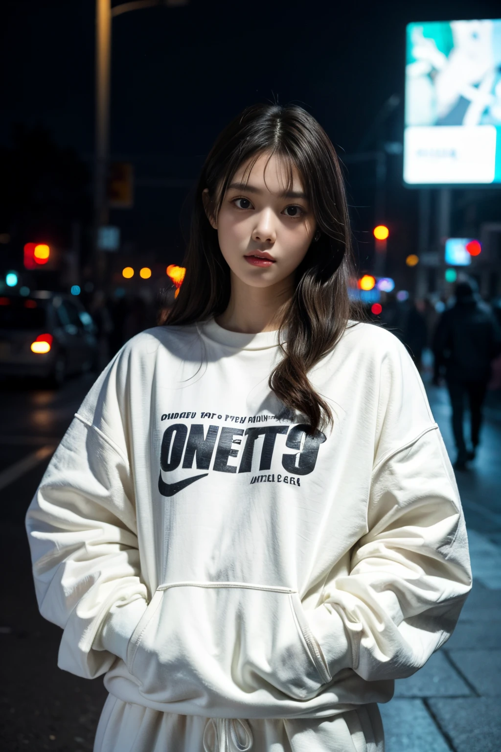 1girl, beautiful, medium hair, white sweatshirt, oversize_shirt, sweatpants, at city street, night, cyberpunk vibes, 8K quality, (photorealistic:1.2), (ultra realistic:1.3), (very detailed:1.1), ((masterpiece)),