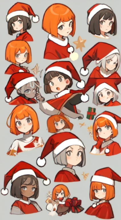 (master piece: 1.1), (mcmom), 1girl, cute girl, mature, 9 tables, 9 poses and expressions, ((multiple poses and expressions)), detailed face, detailed gray eyes, white pupils, ((dark skin)), orange hair, bob cut hair, dress, shy, anime character, (christmas costume), christmas clothes, (wearing red hat on his head), (simple gray background)