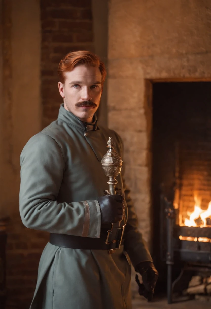 A close-up of FireplaceFrank wearing a fireproof suit and holding a flaming torch, standing in front of a historic fireplace.,original,FireplaceFrank has red hair and a handlebar moustache