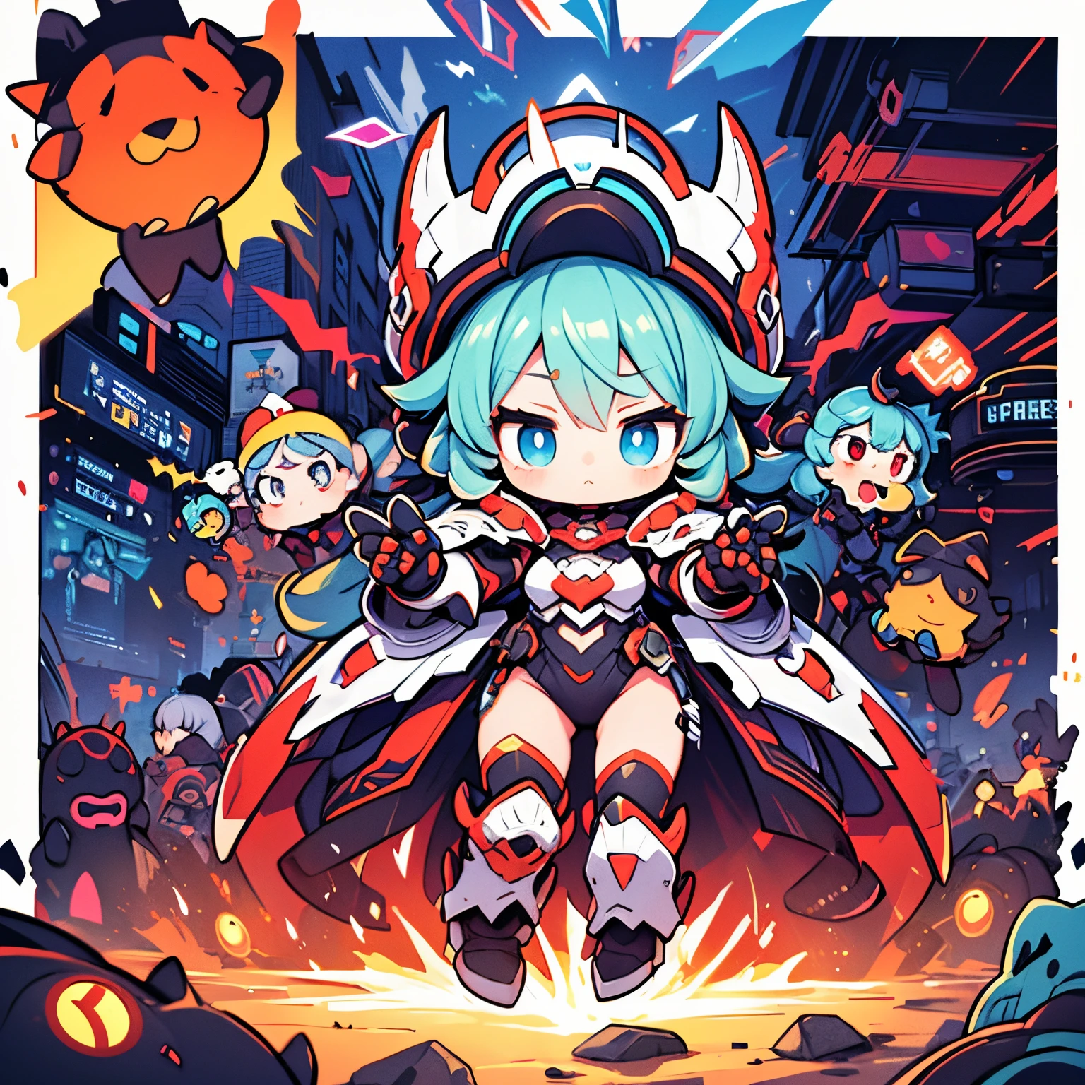 (​masterpiece、Detailed picture、Top image quality、Perfect drawing、perfect hand)、An android girl who fights against enemies to protect the city.、chibi,Cute、crystal body、super alloy armor、eyes glowing red、jet spray from feet、Psycho gun in left hand、Lightsaber in your right hand、dynamic ungle