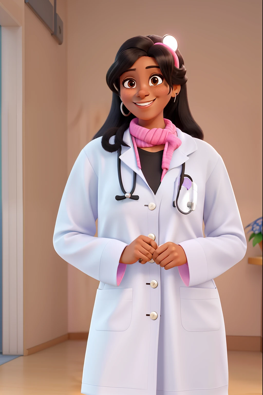 Doutora sorridente de pele morena, vestindo jaleco branco, a pink scarf and a stethoscope around the neck in pixar style