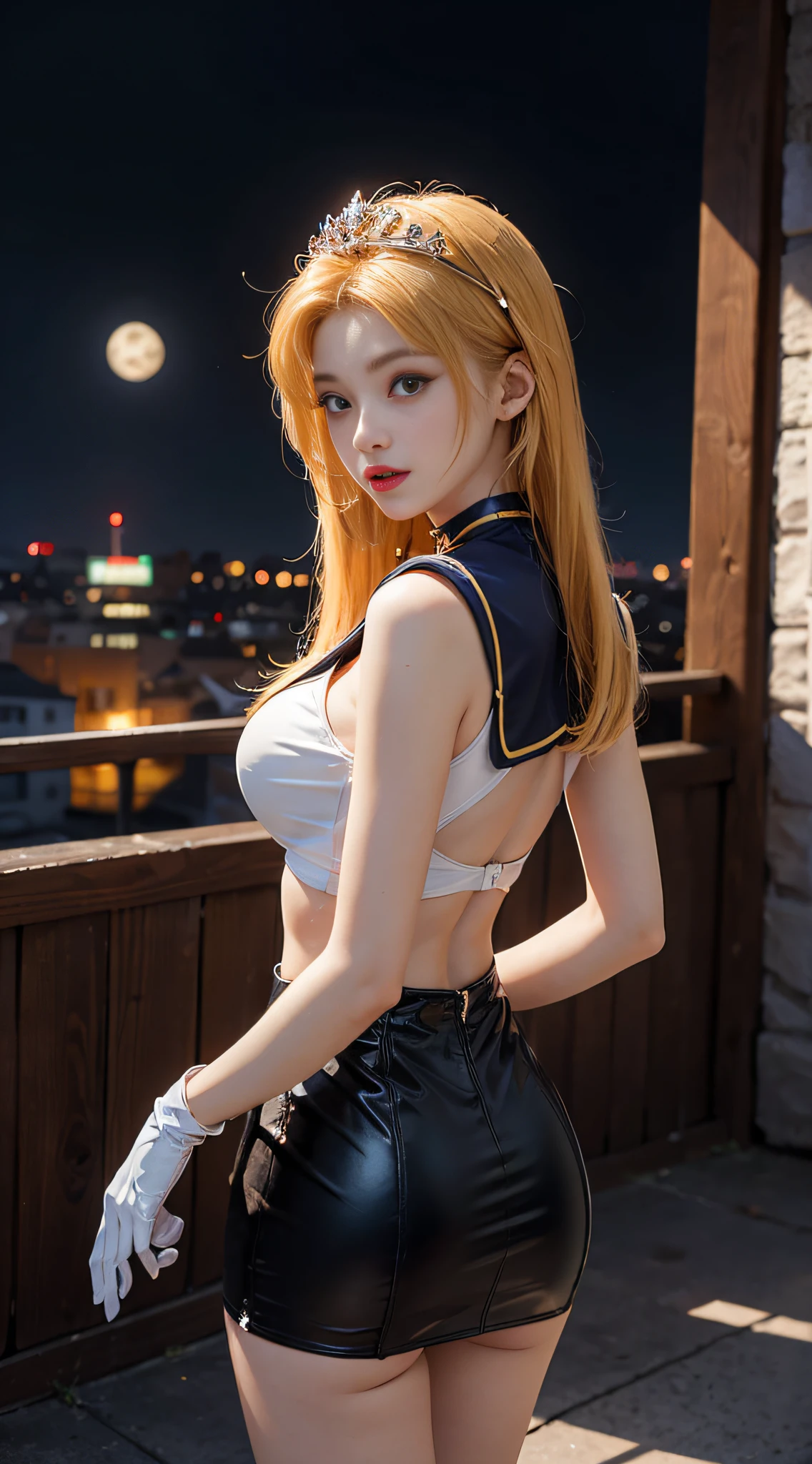 ((masterpiece:1.4)、(top-quality:1.4)、(reallistic:1.7))、masuter piece:1.4、a beauty girl、(Sailor Moon:1.4)、Tsukino Usagi、Body Fit Sexy Sailor Senshi Uniform、(latex shiny)、(The jacket is a white sleeveless sailor suit)、(Skirt Blue Sexy Ultra Ultra Pleated Mini Skirt)、The collar of the sailor suit is blue with two thin lines.、high leg swimsuit、Red cloth ornament at chest、(Wearing white gloves)、Kawaii Girl、Super beauty、foco nítido、Portrait photos、(Perfect female body:1.4)、perfectly proportions、Upper body photography:1.4、beautiful countenance、beautidful eyes、Narrow waist、beauty legs、(yellow hair:1.4)、(length hair:1.2)、Beautiful udder、large full breasts:1.2、Sexy ass、Raw photo、red-lips、Red high heels:1.4、a choker:1.4、a necklace:1.4、耳Nipple Ring:1.4、Luxurious Golden Tiara:1.4、1 screen display、a moon、kosmos、spaceships、A space station、City of the Future