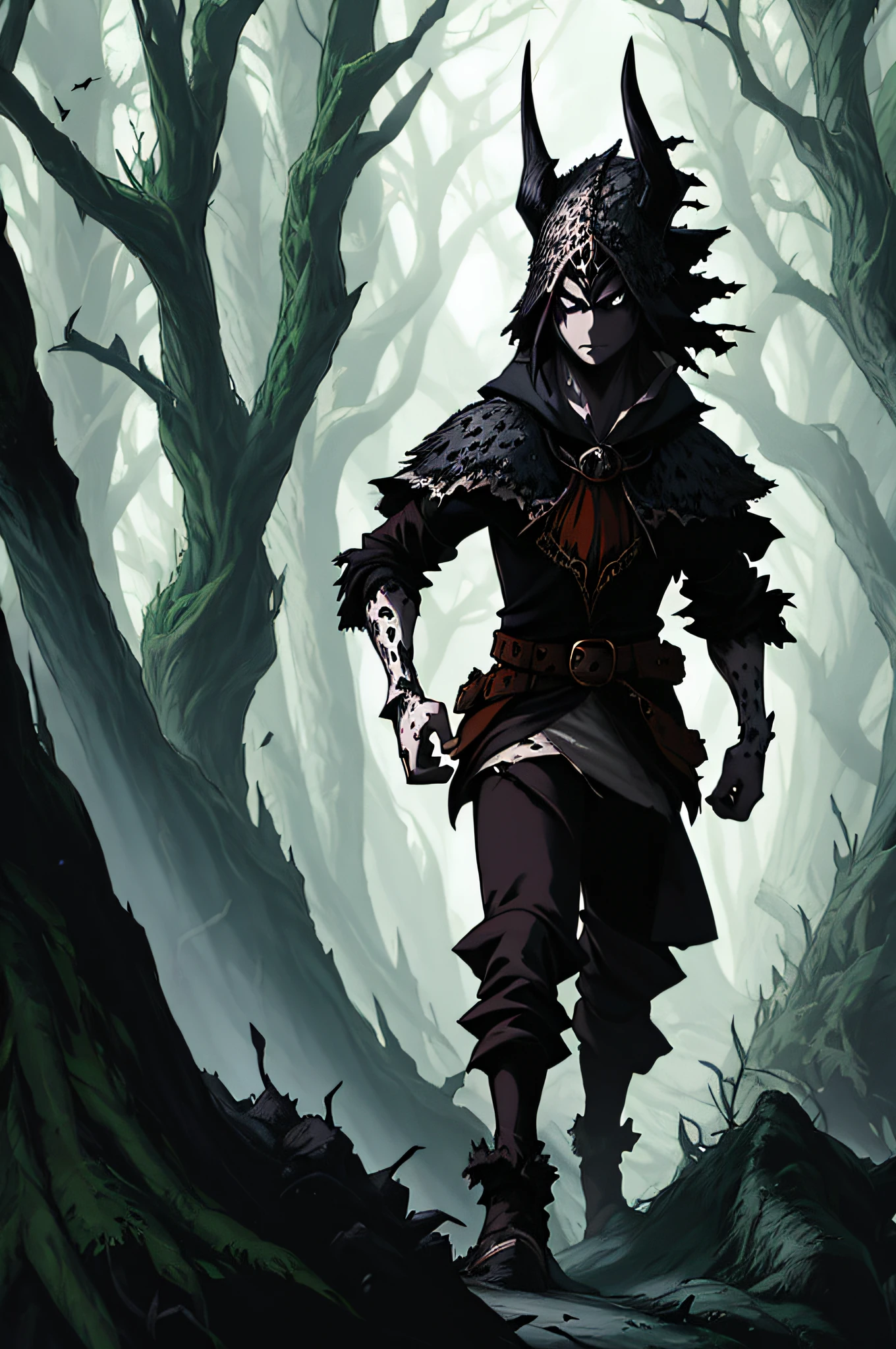Close up of a anthropomorphic Dalmatian standing in a dark forest, concept art of a dark forest, Dark fantasy forest, dark fantasy artwork, an ominous fantasy illustration, dark fantasy style art, dark fantasy concept art, Dark fantasy background, dnd in a dark forest, Epic fantasy digital art style, dark fantasy environment, The Forbidden Forest, Dark fantasy landscape, 8K fantasy art
