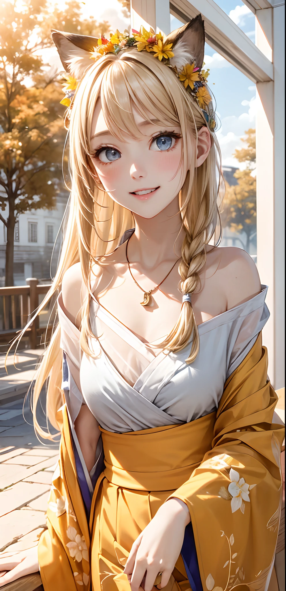 absurderes, ultra-detailliert,bright colour,masuter piece,extremely beautiful detailed face and eyes,Highest quality 8K resolution,Realistic, Vibrant colors, Soft tones, Warm and gentle lighting,(Smooth straight blonde hair:1.2),(Hair parted in the middle:1.2),(Glowing hair),(cobalt eyes:1.3),(Nostalgic atmosphere),The town is surrounded by mysterious boundaries,Cool morning clouds are calm and peaceful,The tree々The gentle sunlight illuminates the space.,Like multicolored glass,Garden Girl,gentle sunlight,Soft breeze,Delicate flowers,Butterflies flutter by,Mesmerizing natural beauty,Fragments of Shining Stars,Fox personification,A smile、Blushing、Red Moon、Yellow skin、Yellow mesh、yellow thin kimono、Autumn leaves at night、Valley、double tooth、Small necklace