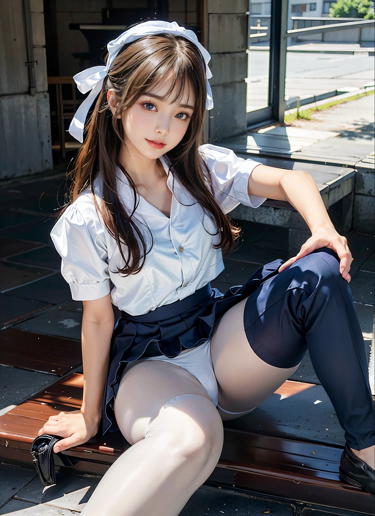 ((Dark blue socks))　Put your hands on your knees　((Brown loafers)The blonde、((White panties visible))(Squat panties shot)二重まぶた　eyeslashes　beatiful detailed eyes、ultra - detailed、A high resolution、Transcendent beauty　top-quality、tmasterpiece、、(Japanes girl' high school uniform))、Very detailed expression　 School classrooms　Very detailed appearance　21 year old girl、frontage、((dynamicposes)))、(sit on legs，knee bend))、pleatedskirt、Ribbon 1,2 Sexy upper eye　A slight smil　low angles