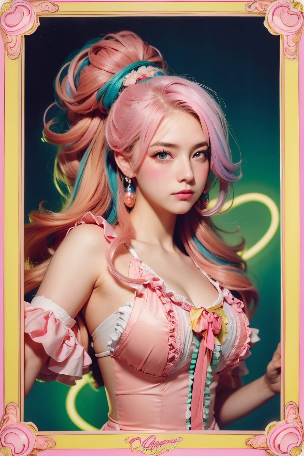 ( joyful expression:1.3), happy smile, anime style, a medium wide shot of a cartoon of a woman with ears and rabbit tail, with rabbit tail, with rabbit ears, girl design, mara, portrait, long hair, pink hair, hair covering ears, happy, polished and powerful look, exotic, tall, joyful expression, she is playful for the camera, model photoshoot, 
