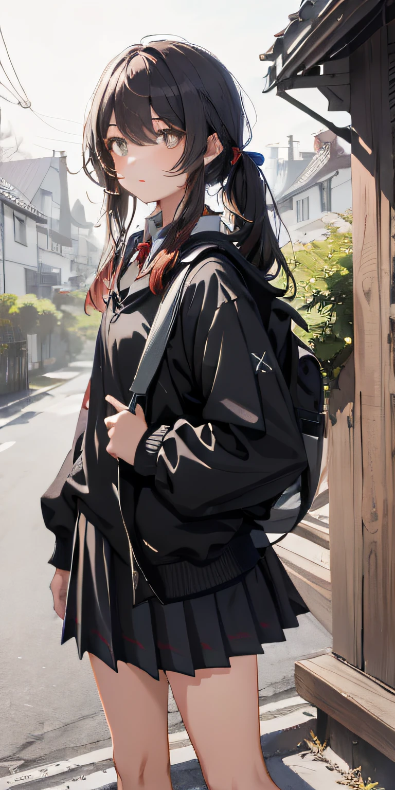 1girll, standing, mano_Hongjix style, house, school uniform, bookbag, double tails, Car, holding bag