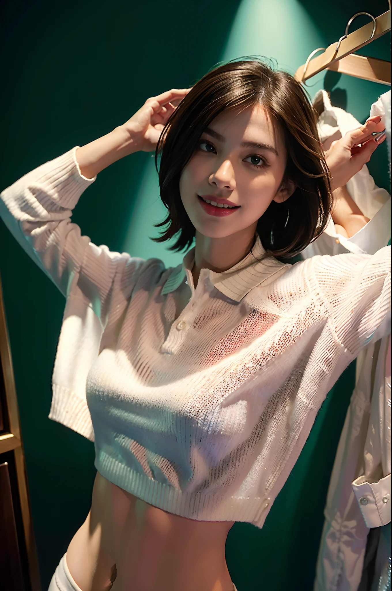 ((shoulder-length straight bob hair)),（Extremely meticulous CG),(((8k))),wallpaper,(Extremely refined and beautiful),(Masterpiece:2.0），（best qualtiy:2.0），（Ultra High Resolution:2.0),beautiful light up，Perfect lightning,realistic shaded，[A high resolution],(Smooth and flawless fair skin:1.5),Extremely exquisite facial details,ultra - detailed,A  girl,solo,small head,small face,clear face,Exquisite makeup,at home,(in the clothing room:1.2),(Standing next to a wardrobe:1.3),(many women's clothing hanging in the wardrobe:1.3),(laughing:1.2),(perfect body:1.1),small breasts,flat chest,slim,thin,(white polo collar sweater shirt and white underwear:1.5),cowboy shot,portrait,(from back:1.2),day scene,dim light,blue green wall