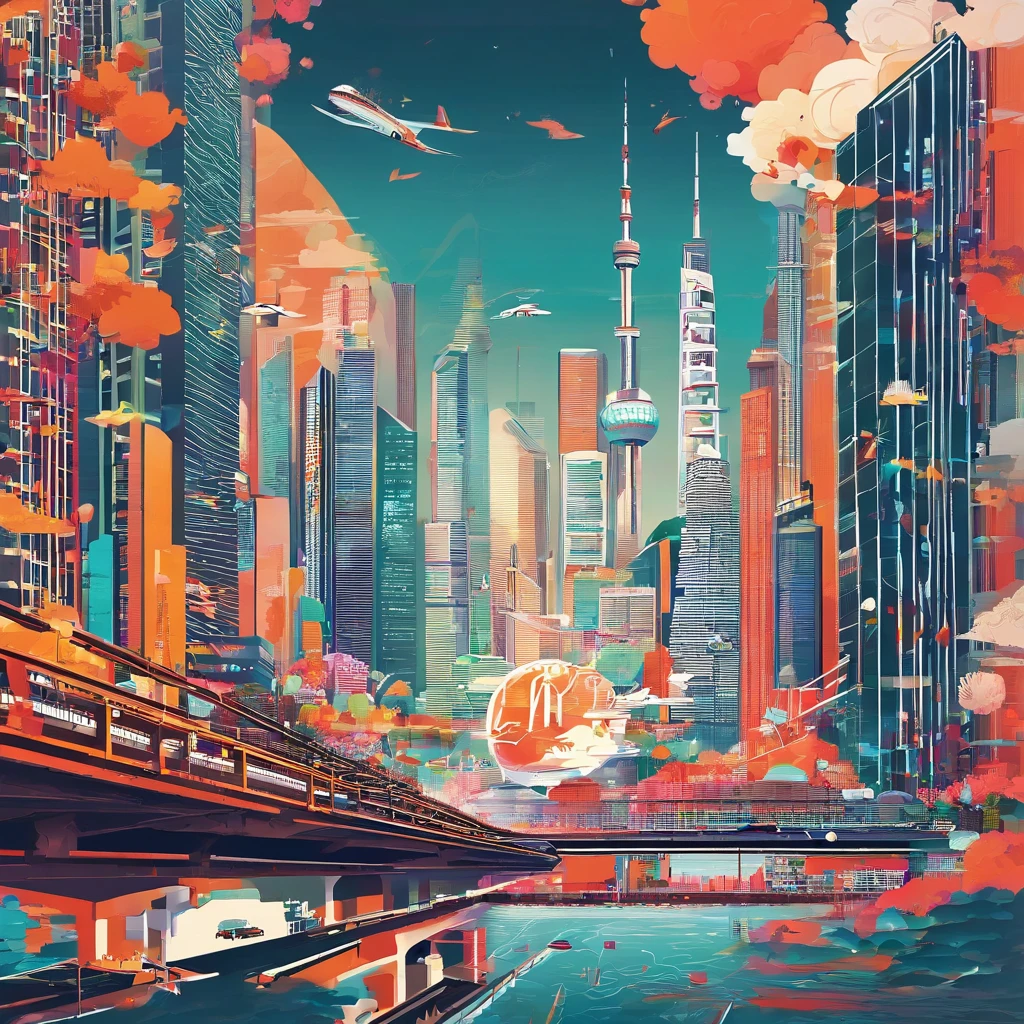 Down RT.Chapter 66 Before the big storm, retrospective, annual light display, cumulonimbus clouds, Volumetriclighting, Big sky has a poster，A picture of a city and a ship on top of the Canton Tower in Guangdong, vibrant tourism poster, Poster illustration, travel poster, illustrated poster, skyscrapers and flying cars, day cityscape, rios、High speed rail promotional poster, Hong Kong-Zhuhai-Macao Bridge，modern city scape, shenzhen, poster for, colorful city,osaka skyline background, Close up of a beautiful artistic illustration poster with waves and buildings， Poster art inspired by Victo Ngai， pixiv， number art， victor my style， At that time Martin， z style art work.Show on the.to the, Defeat Ngai.unreal-engine, Poster illustration, Victor May and Tristan Eaton