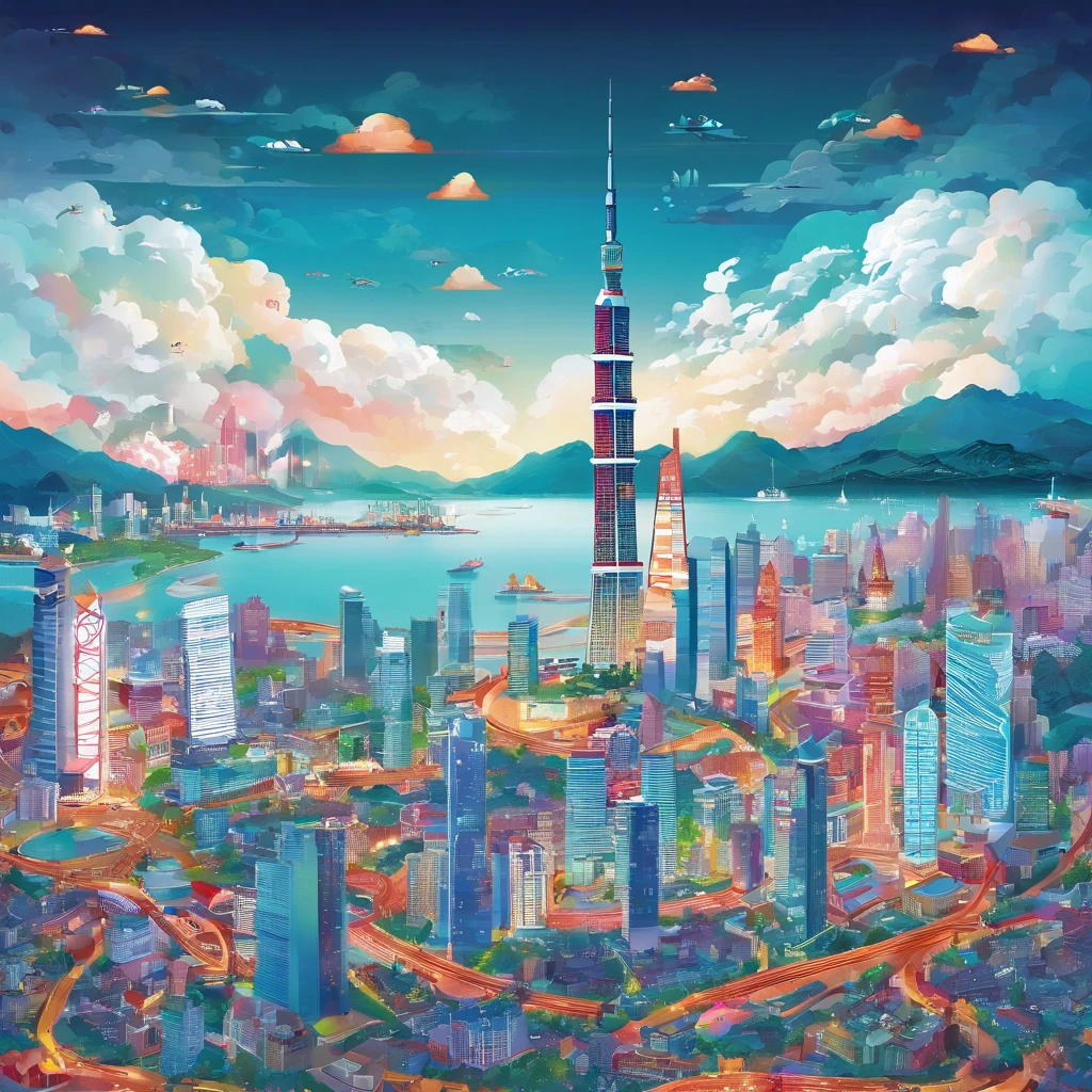 Down RT.Chapter 66 Before the big storm, retrospective, annual light display, cumulonimbus clouds, Volumetriclighting, Big sky has a poster,A picture of a city and a ship on top of the Canton Tower in Guangdong, vibrant tourism poster, Poster illustration, travel poster, illustrated poster, skyscrapers and flying cars, day cityscape, rios、High speed rail promotional poster, Hong Kong-Zhuhai-Macao Bridge,modern city scape, shenzhen, poster for, colorful city,osaka skyline background, Close up of a beautiful artistic illustration poster with waves and buildings, Poster art inspired by Victo Ngai, pixiv, number art, victor my style, At that time Martin, z style art work.Show on the.to the, Defeat Ngai.unreal-engine, Poster illustration, Victor May and Tristan Eaton