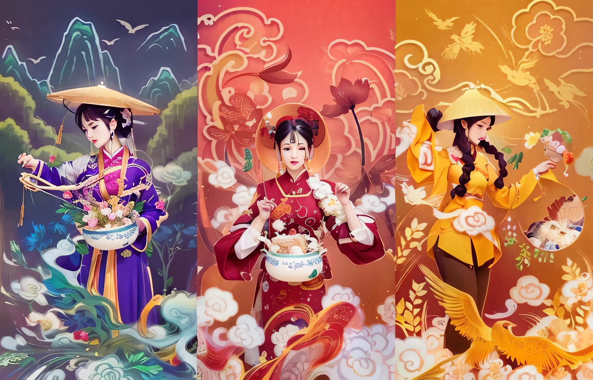 Three different images of women and men wearing traditional Chinese clothes, Just a joke, Artwork by Hoang Tuong, Inspired by Puhua, A beautiful artistic illustration, 3 gods of spring, Inspired by Duan, Inspired by Chen Dingpo, Chinese mythology, Colorful concept art, Inspired by Zhu Lian, ao dai, traditional art