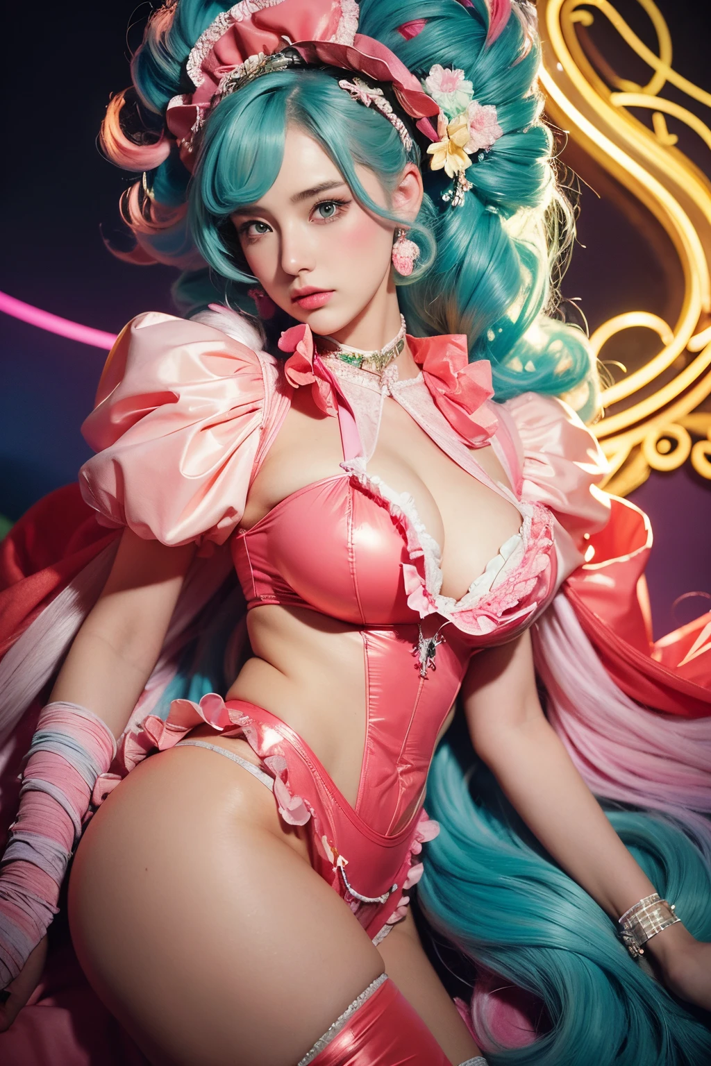 anime_artwork, rococo, grand_photograph, polaroid, annoyed_girl, neon_glowing_hair, canon_5d_mark_4, neon_light, kodak_ektar, flamboyant, pastel_colors, curved_lines, elaborate_detail, rococo, art by j.c. leyendecker