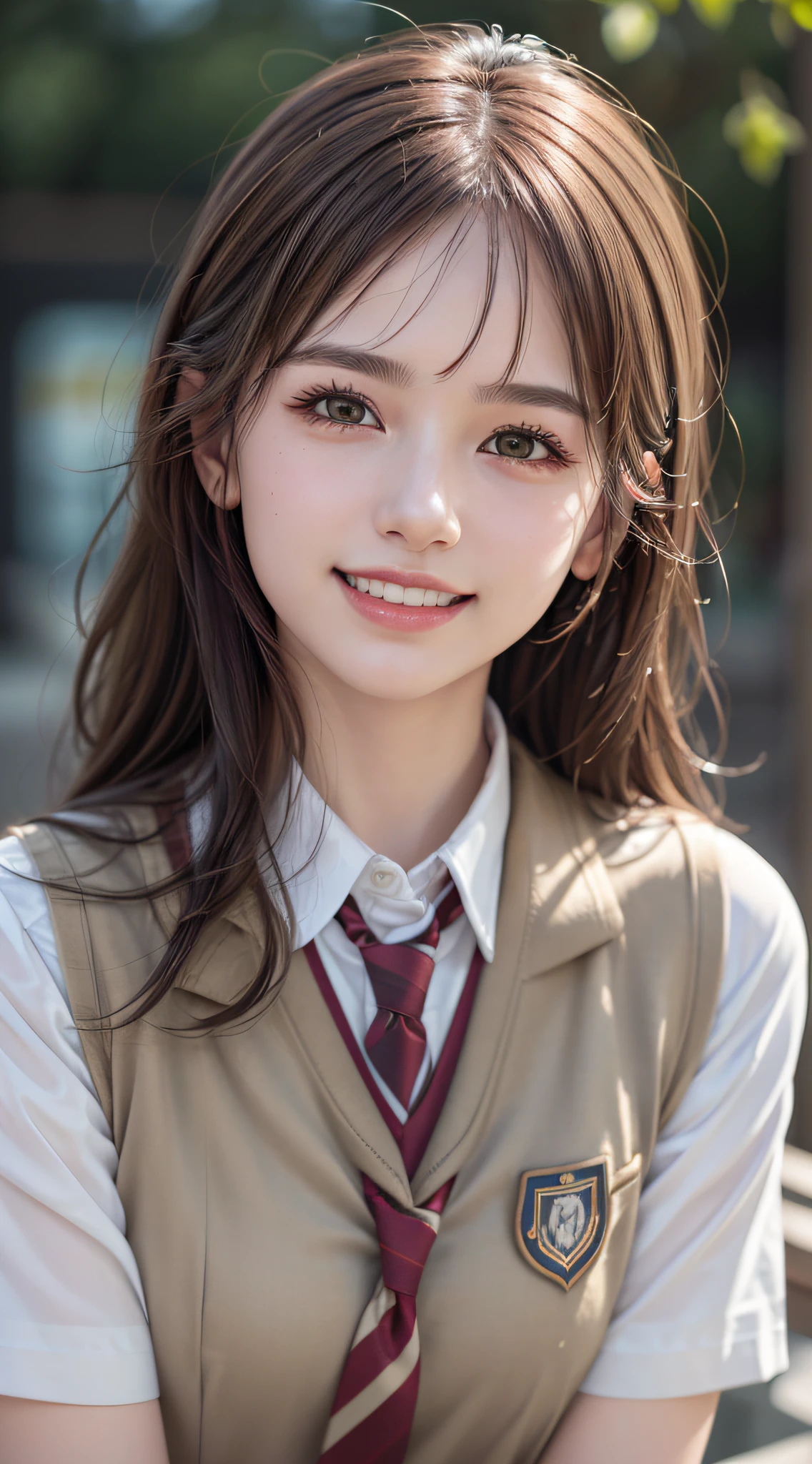 1girl, Extremely cute, Amazing face and eyes, (Beautiful lovely smile), (extremely detailed beautiful face), bright and shiny lips, keep staring at me, super beautiful, (school uniform:1.3), (Best Quality:1.4), (hyper quality), (Ultra-detailed), (hyper-realistic, Photorealsitic:1.37), Authentic skin texture, cextremely detailed CG unified 8k wallpaper, RAW Photos, professional photograpy, Cinematic lighting,