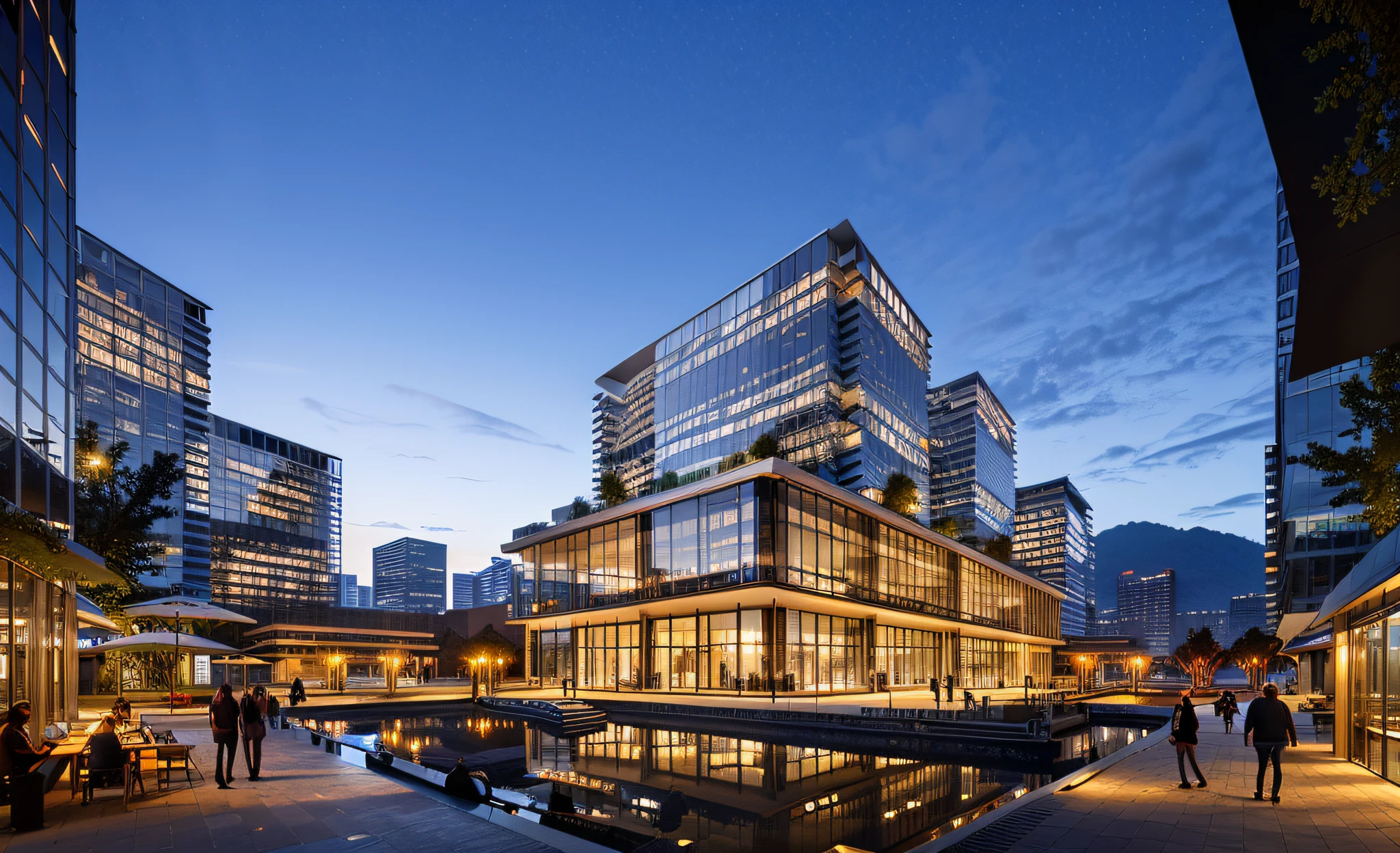 Swing out coffee table and parasol, light from inside the building, waterfront, Mountain, water surface, square, event venue, industrial style, Koolhaas, Glass curtain wall, Metal plate, conceptual style, cyberpunk style, night view, 8K, high detail, accurate structure, movie light effect