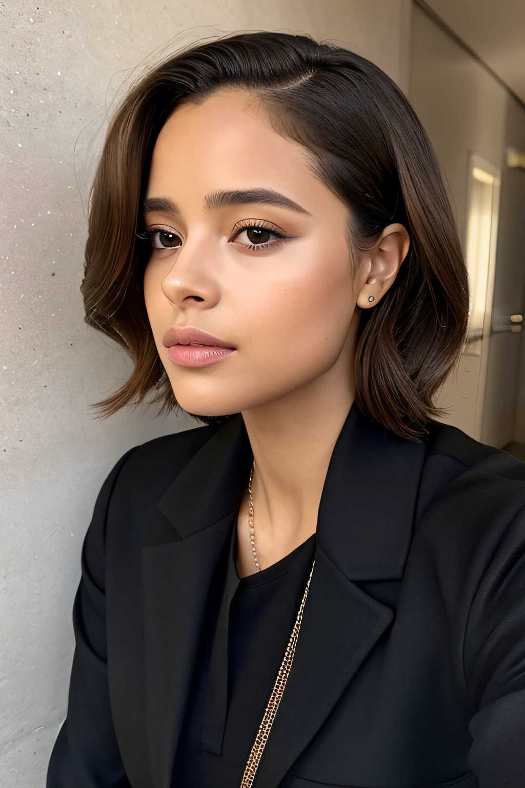 Alafed woman in black shirt and black jacket, Portrait Sophie Mudd, selfie of a young woman, Tessa Thompson's inspiration, with professional makeup, glowy, profile image, sexy face with full makeup, detailed flawless face, sultry expression, Perfectly lit face, headshot profile photo, bright skin, ayahausca, with brown skin