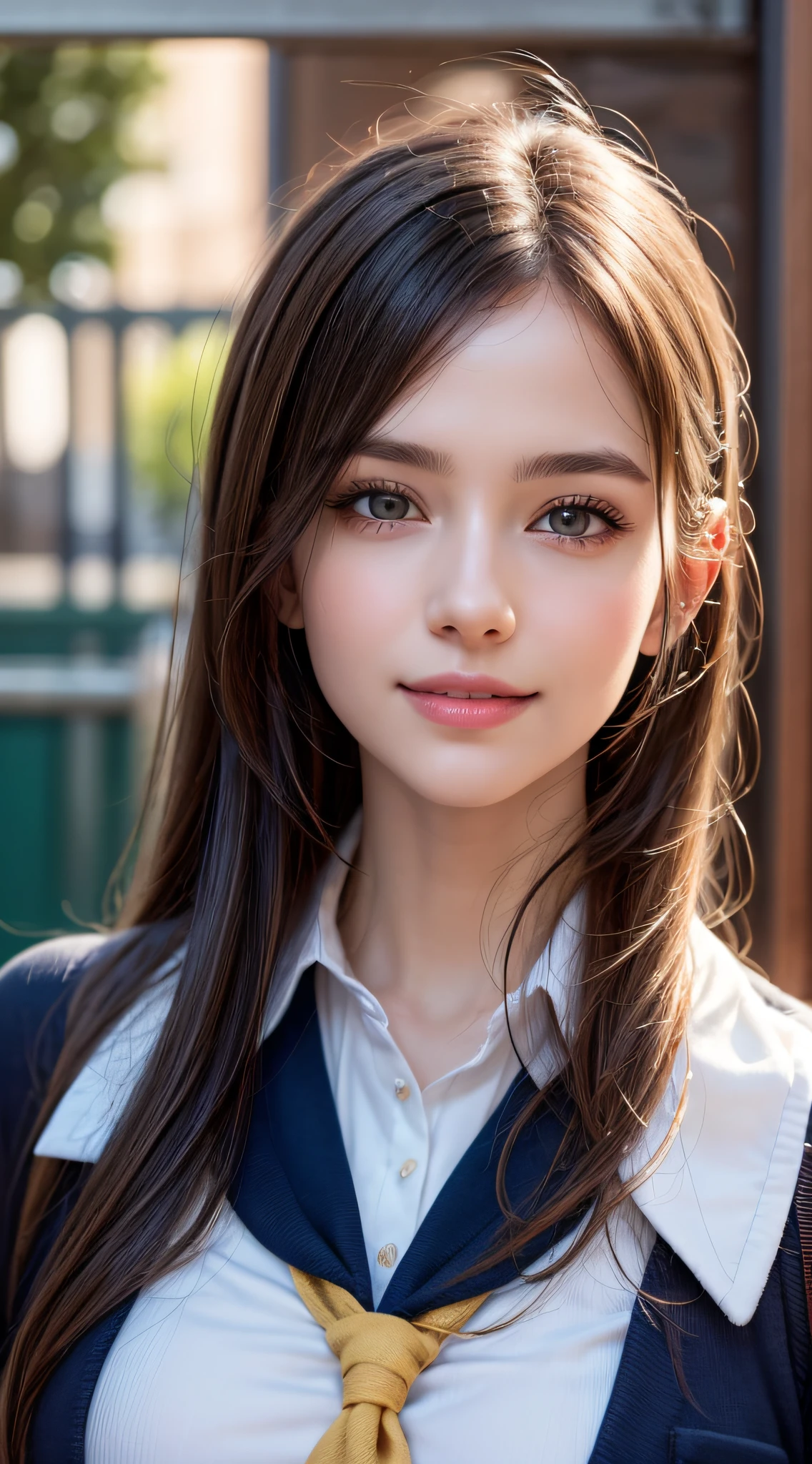 1girl, Extremely cute, Amazing face and eyes, (Beautiful lovely smile), (extremely detailed beautiful face), bright and shiny lips,  keep staring at me, super beautiful, (school uniform:1.3), (Best Quality:1.4), (hyper quality), (Ultra-detailed), (hyper-realistic, Photorealsitic:1.37), Authentic skin texture, cextremely detailed CG unified 8k wallpaper, RAW Photos, professional photograpy, Cinematic lighting,