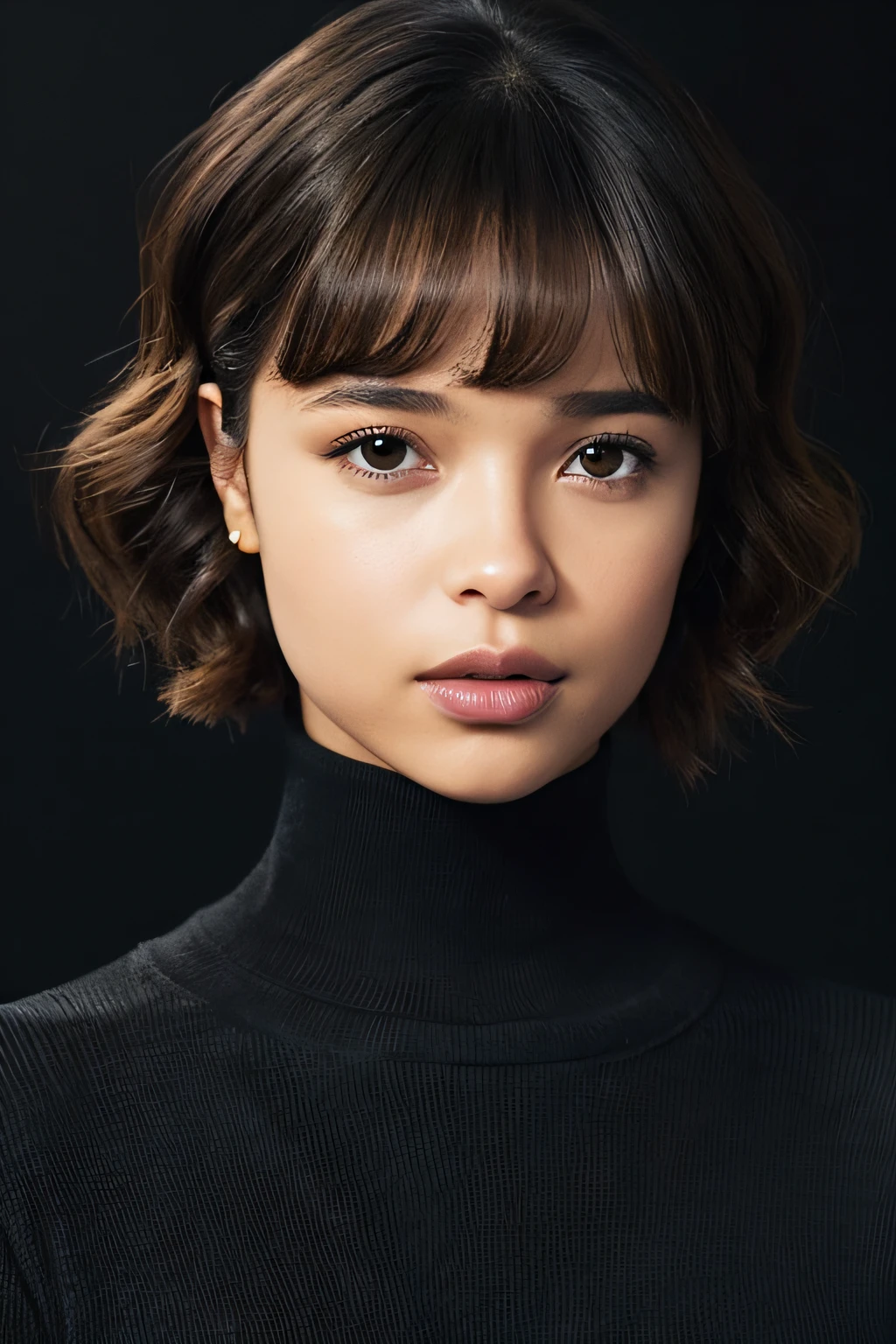 ((black backgrounds、Black theme))、(Alphafie woman wearing gray turtleneck sweater and black jacket), Portrait Sophie Mudd, selfie of a young woman, Tessa Thompson's inspiration, with professional makeup, glowy, profile image, sexy face with full makeup, detailed flawless face, sultry expression, Perfectly lit face, headshot profile photo, bright skin, ayahausca, with brown skin、Shortcut Hair、a short bob、(drooping bangs)