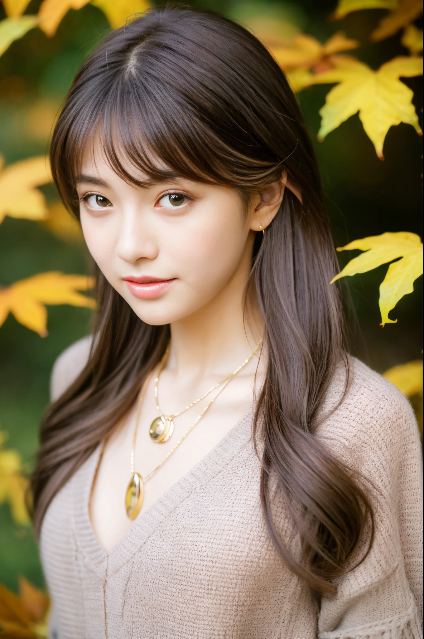 Top image quality、Raw photography、超A high resolution、21 year old cute Japanese、Shooting for one person only、Very small breasts、small tits、Fashionable autumn outfits、Shiny hair、Beautiful Eyes of Details、Very beautiful eyes、Beautiful eyelashes、Beautiful double eyelids、eyeshadows、a necklace、耳环、Gray background