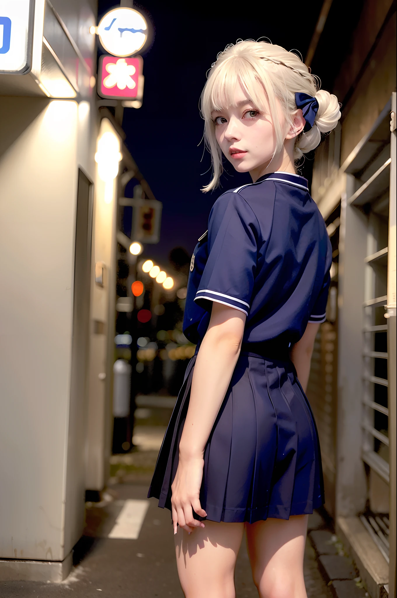 (8k, RAW photo, best quality, masterpiece:1.3),(realistic,photo-realistic:1.37),(night),(looking at viewer:1.331),(white hair),posing,Tokyo street,nightcityscape, cyberpunk city,soft light,1girl,extremely beautiful face,bust,put down hands,Random hairstyle,Random expression,big eyes, ,lower abdomen,(lshort-sleeved JK_sailor),JK_style,(dark blue JK_skirt) ,(bow JK_tie),mix4