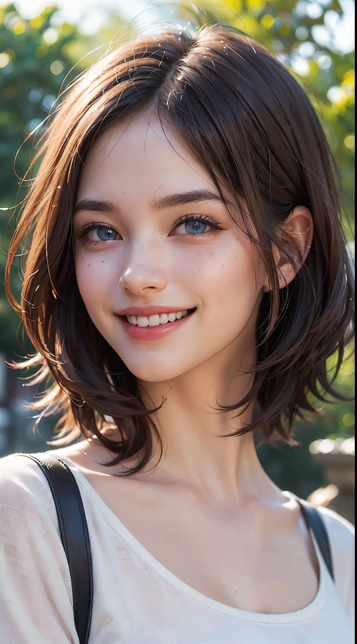 (best quality, 4k, 8k, high-res, masterpiece:1.2), ultra-detailed, (realistic, photorealistic, photo-realistic:1.37), (beautiful detailed eyes, beautiful detailed lips, extremely detailed eyes and face:1.5), studio lighting, physically-based rendering, vivid colors, (big tits, super big tits, super extra big tits), (casual outdoor wear:1.5), (portrait, smile and laugh:1.5), (bob cut, brown hair, hair blowing in the wind, shiny hair, shiny skin), (blurred background:1.37), (tilt your head to the side:1.5),